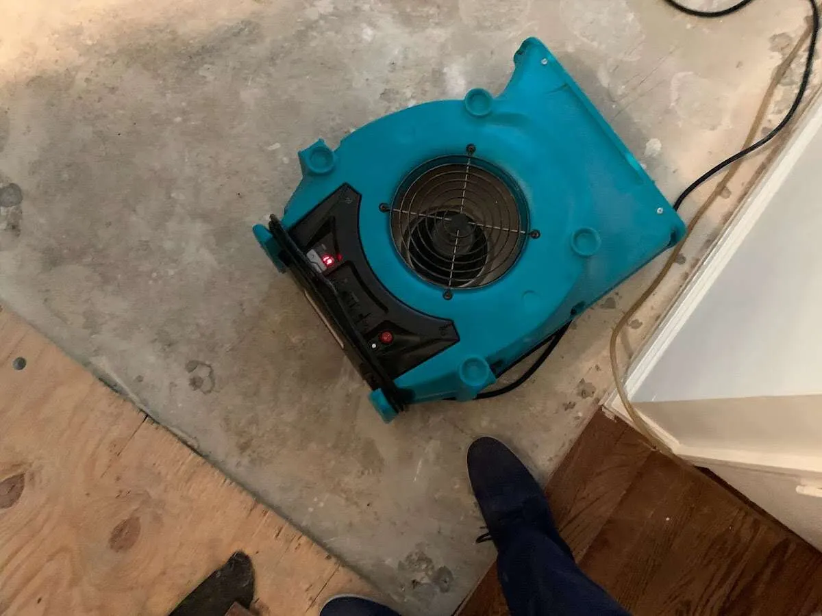 Air mover drying subfloor during Leak Detection & Repair in Beverly Hills
